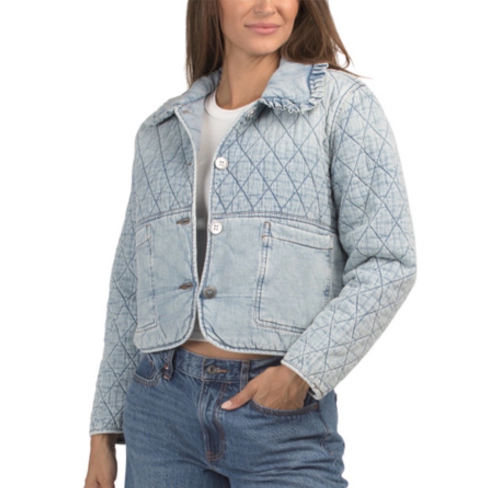 Blank NYC Quilted Ruffle Coat Denim Blue NWT Small